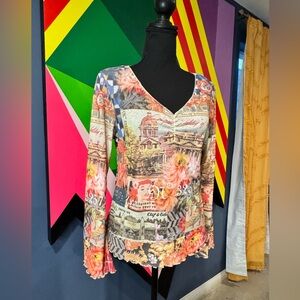 OneWorld Y2K Vintage Sheer Mesh Art Print Long Sleeve Top